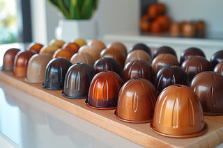 Coffee pods in different shades of brown arranged on a wooden tray