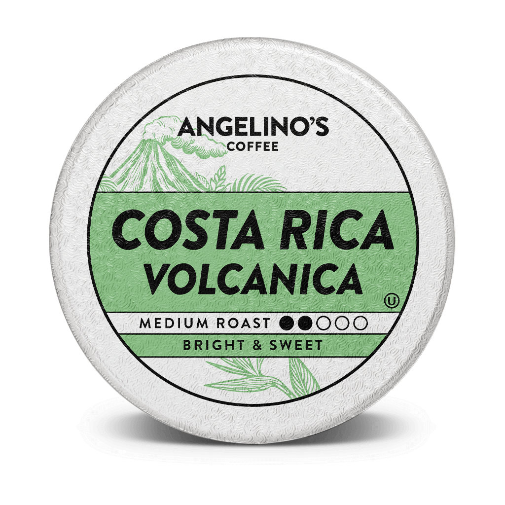 Coffee pod labeled 'Hawaiian Blend' from Angelino's Coffee, medium roast, bright and floral.