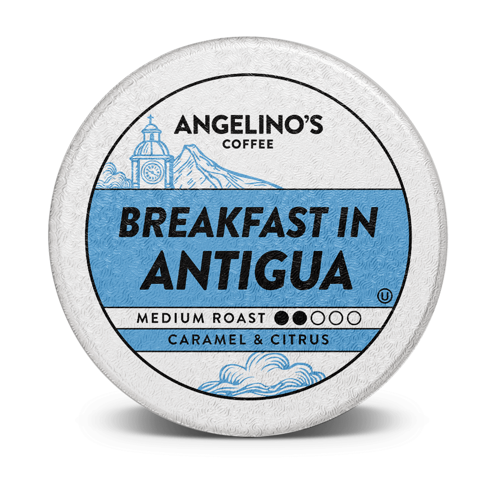 Coffee pod labeled 'Hawaiian Blend' from Angelino's Coffee, medium roast, bright and floral.