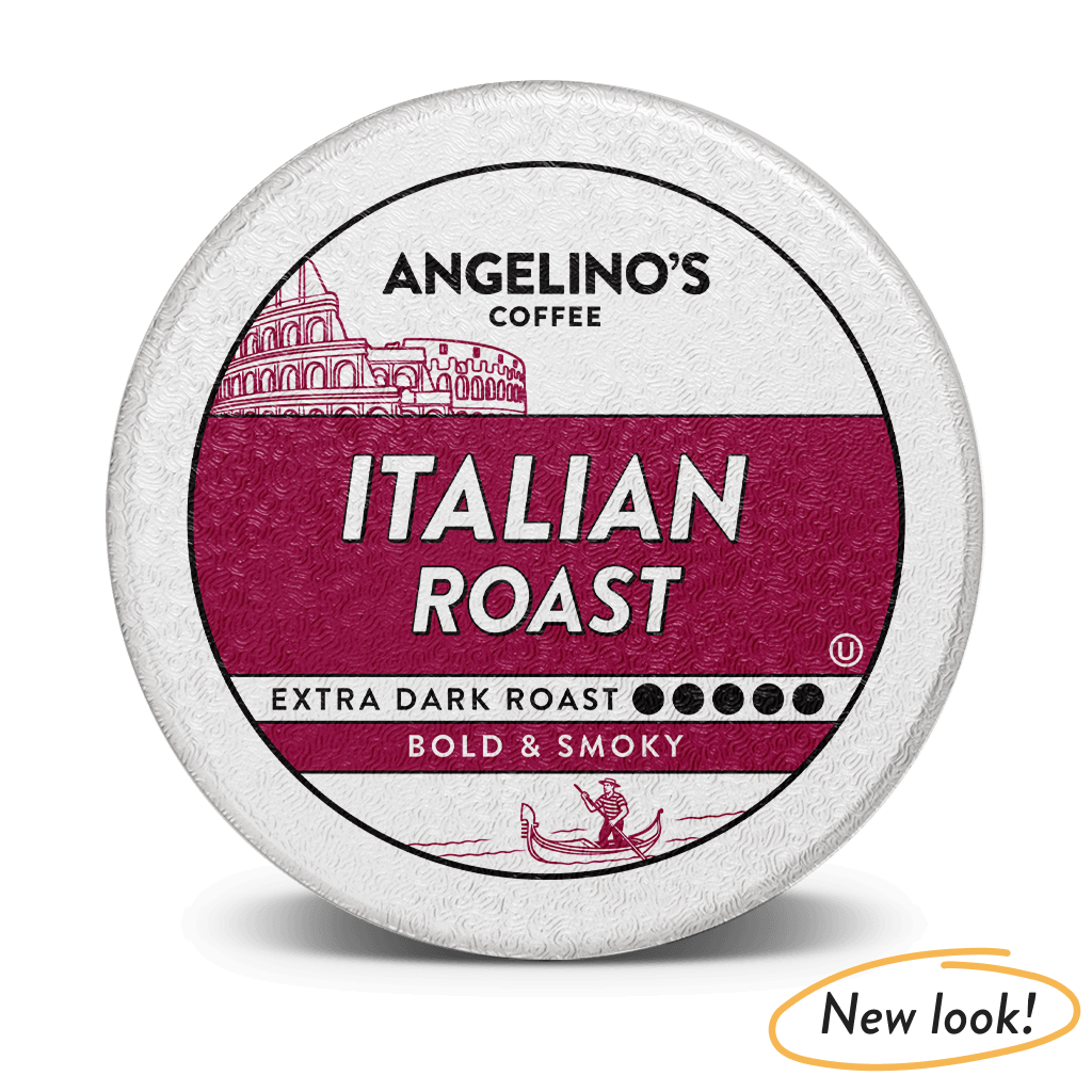 K-Cup labeled 'Angelino's Coffee Italian Roast, Extra Dark Roast, Bold & Smoky'.
