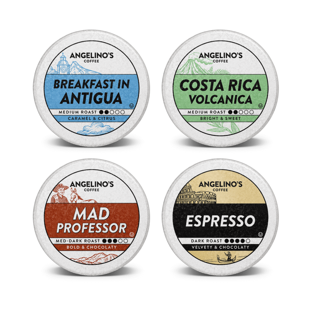 Four coffee pod labels: Breakfast Blend, Colombian Nariño, Hawaiian Blend, and Donut Shop.