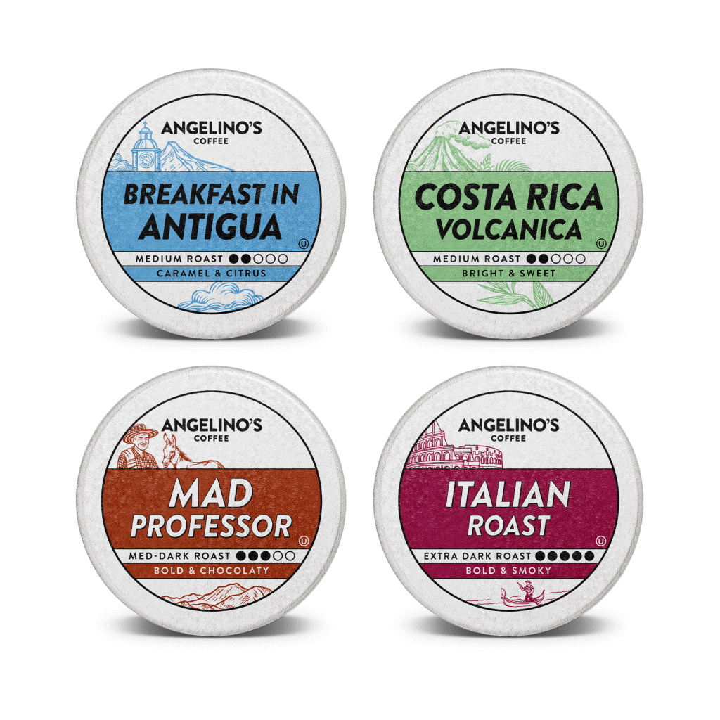 Four coffee pod labels: Breakfast Blend, Colombian Nariño, Hawaiian Blend, and Donut Shop.