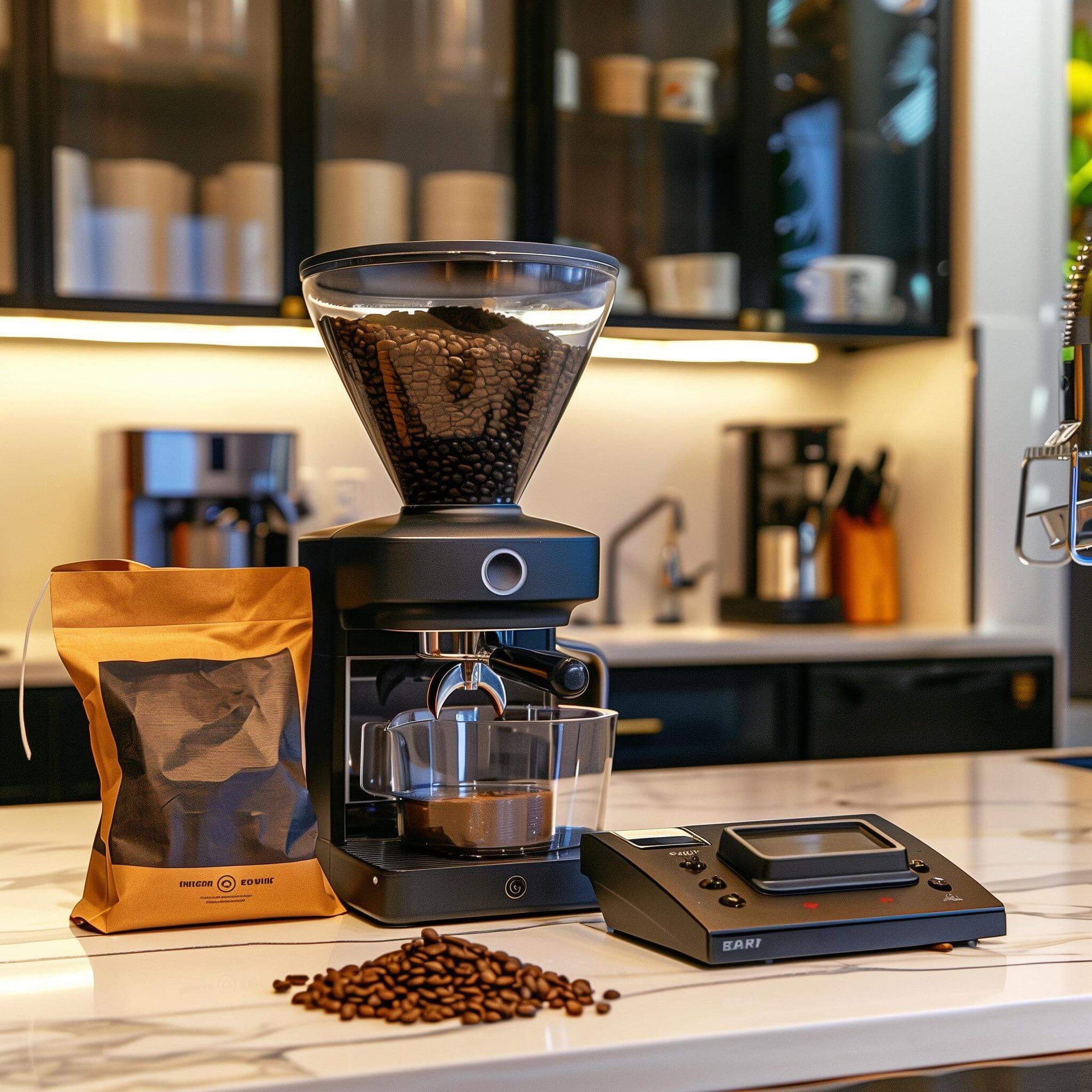 Coffee essentials: beans, burr grinder, and measuring scale