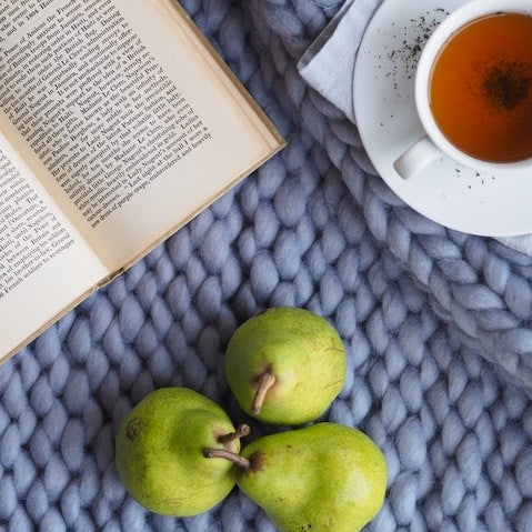 Book, Delicious Tea, and Pears