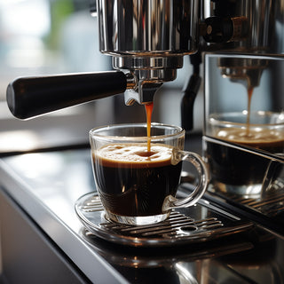 Stainless steel coffee maker brewing into a clear mug