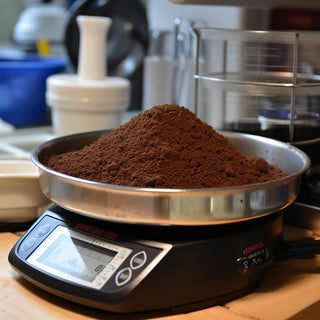 A large mound of ground coffee on a digital kitchen scale