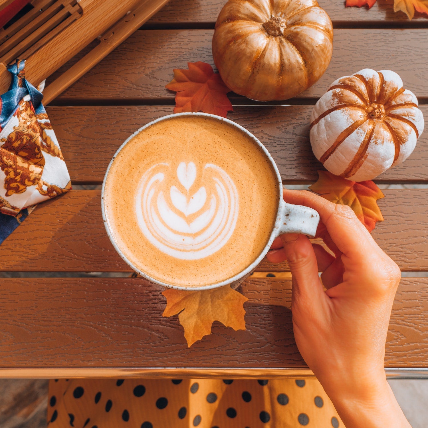 pumpkin spice latte and pumpkins